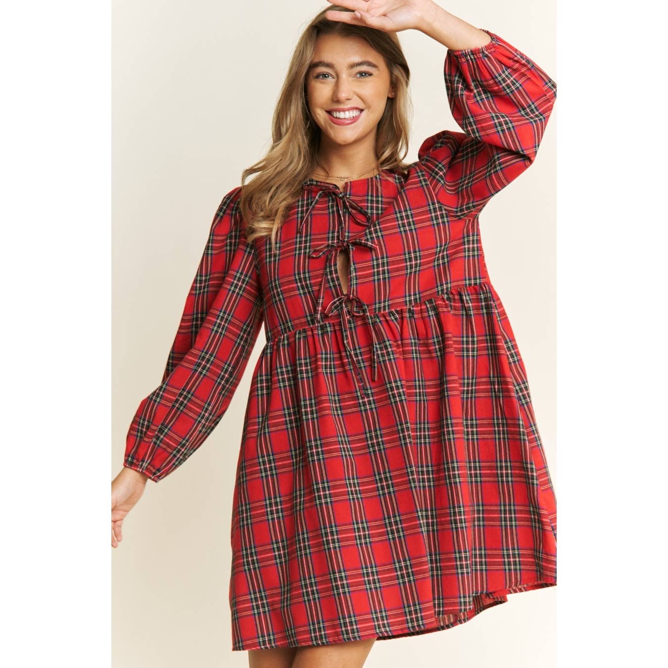 SOFT PLAID WOVEN FABRIC BABYDOLL BOW MINI DRESS