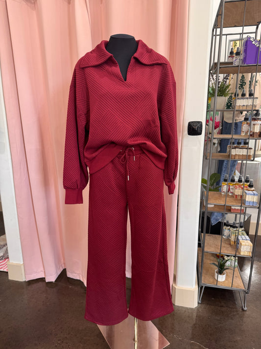 Davy Textured Knit Casual Comfy Top & Pants Set: WINE
