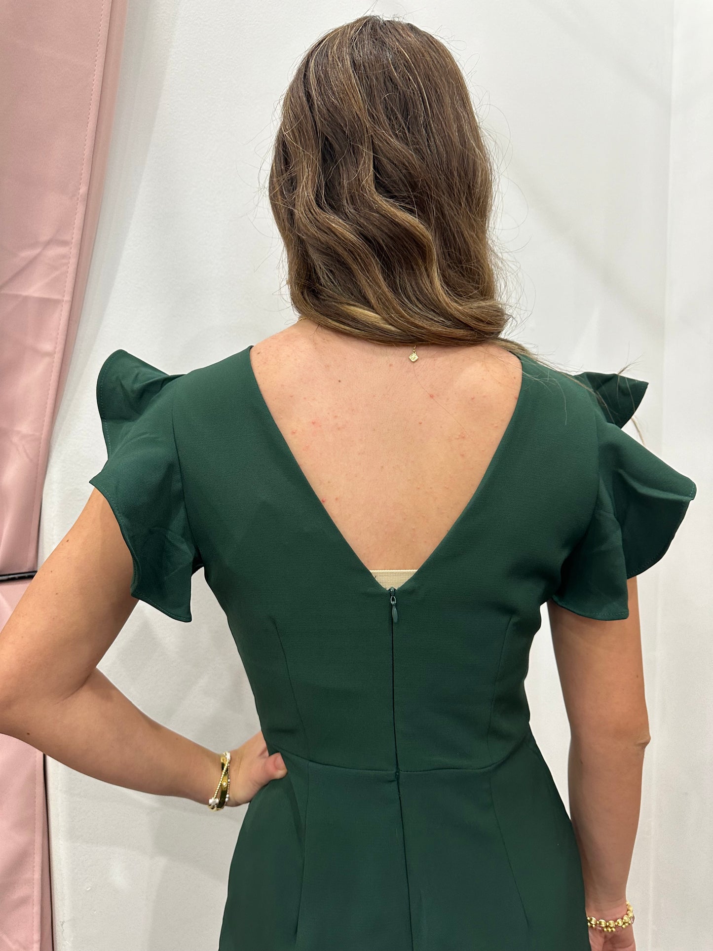 Hunter Green V-Back Ruffled Dress