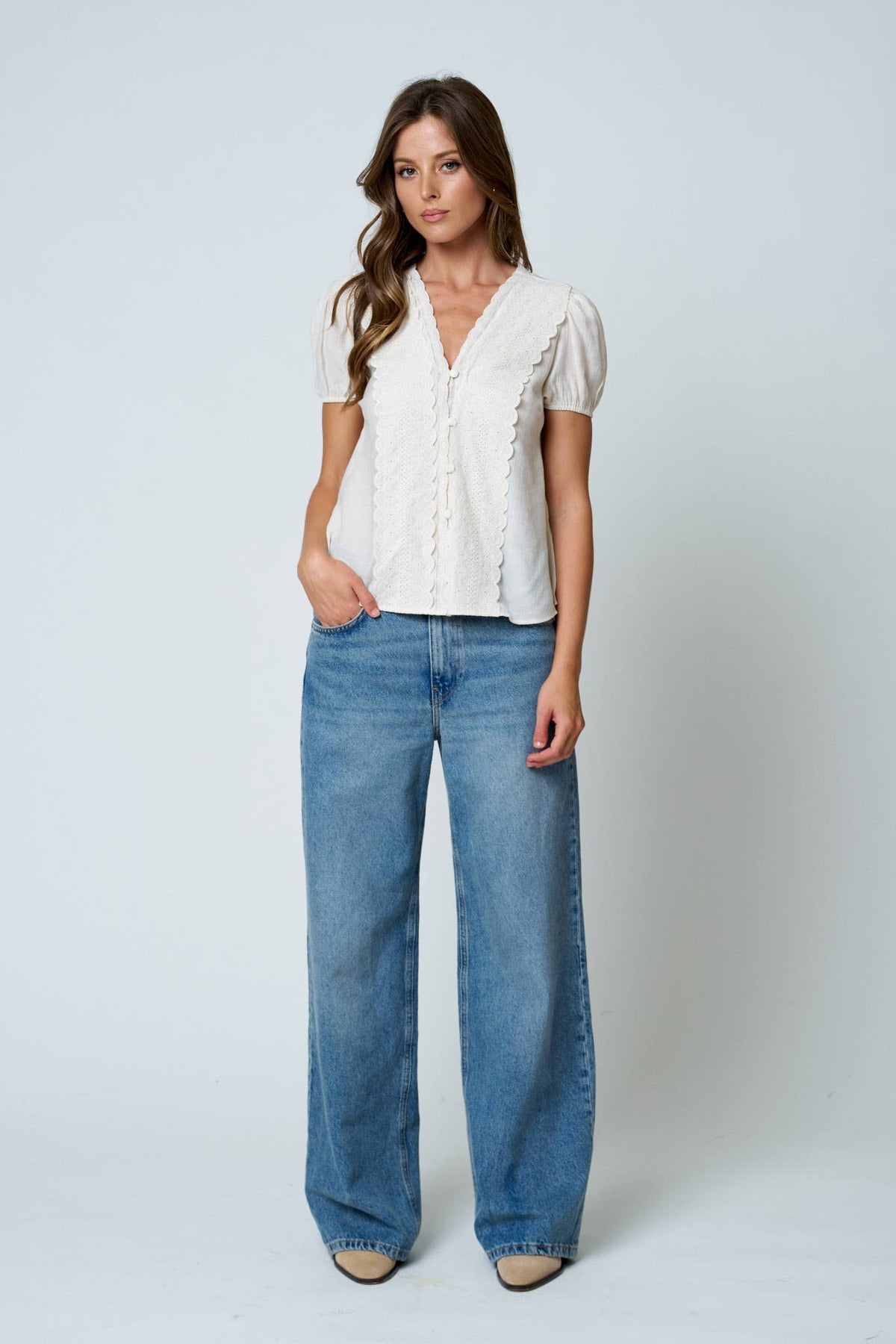 LACE DETAIL PUFF SLEEVE BUTTON DOWN BLOUSE (Multiple Colors)
