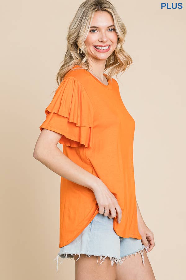 Plus Round Neck Semi Loose Ruffle Sleeve Top