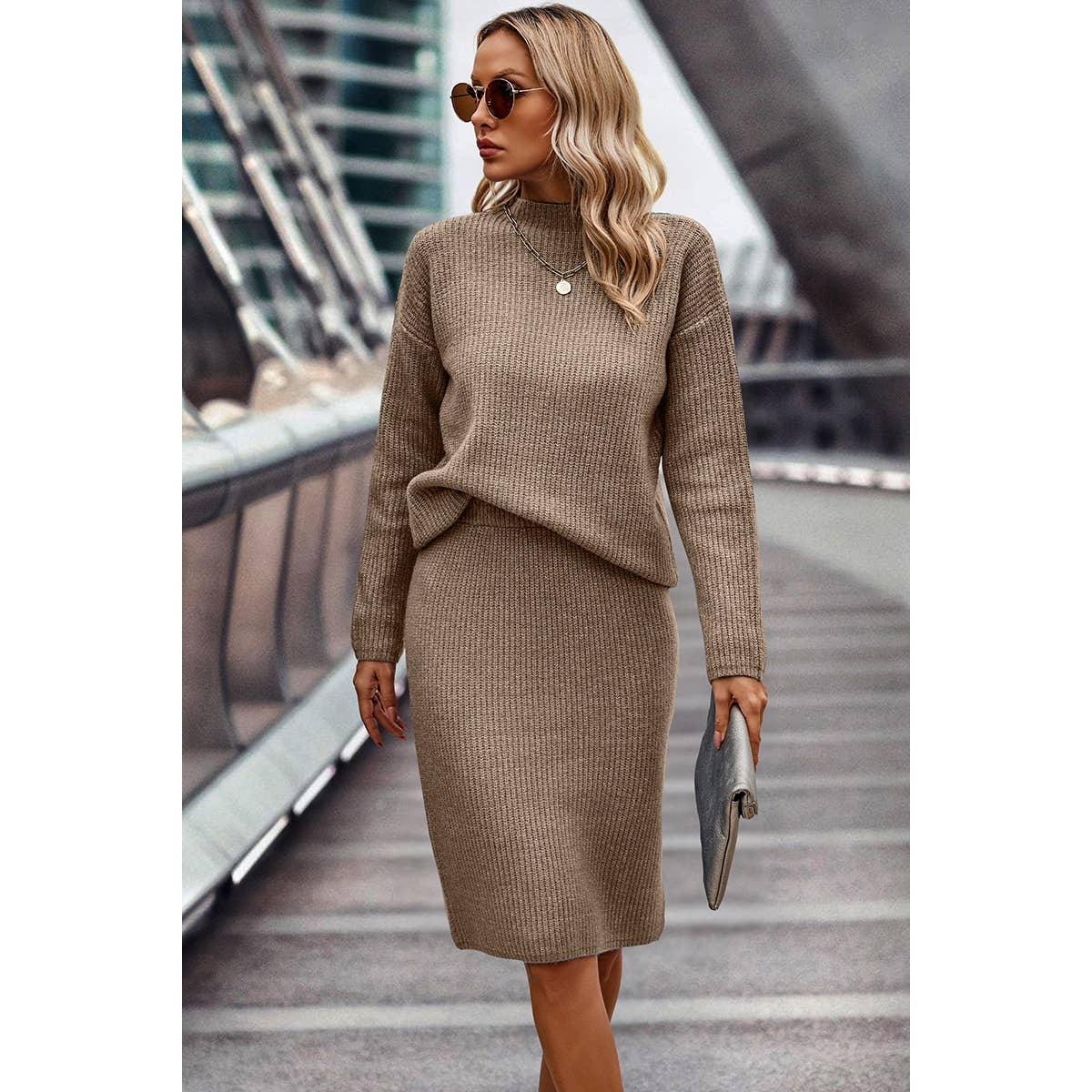 Two Pieces Solid Thick Knit Loose Wrap Dress Set