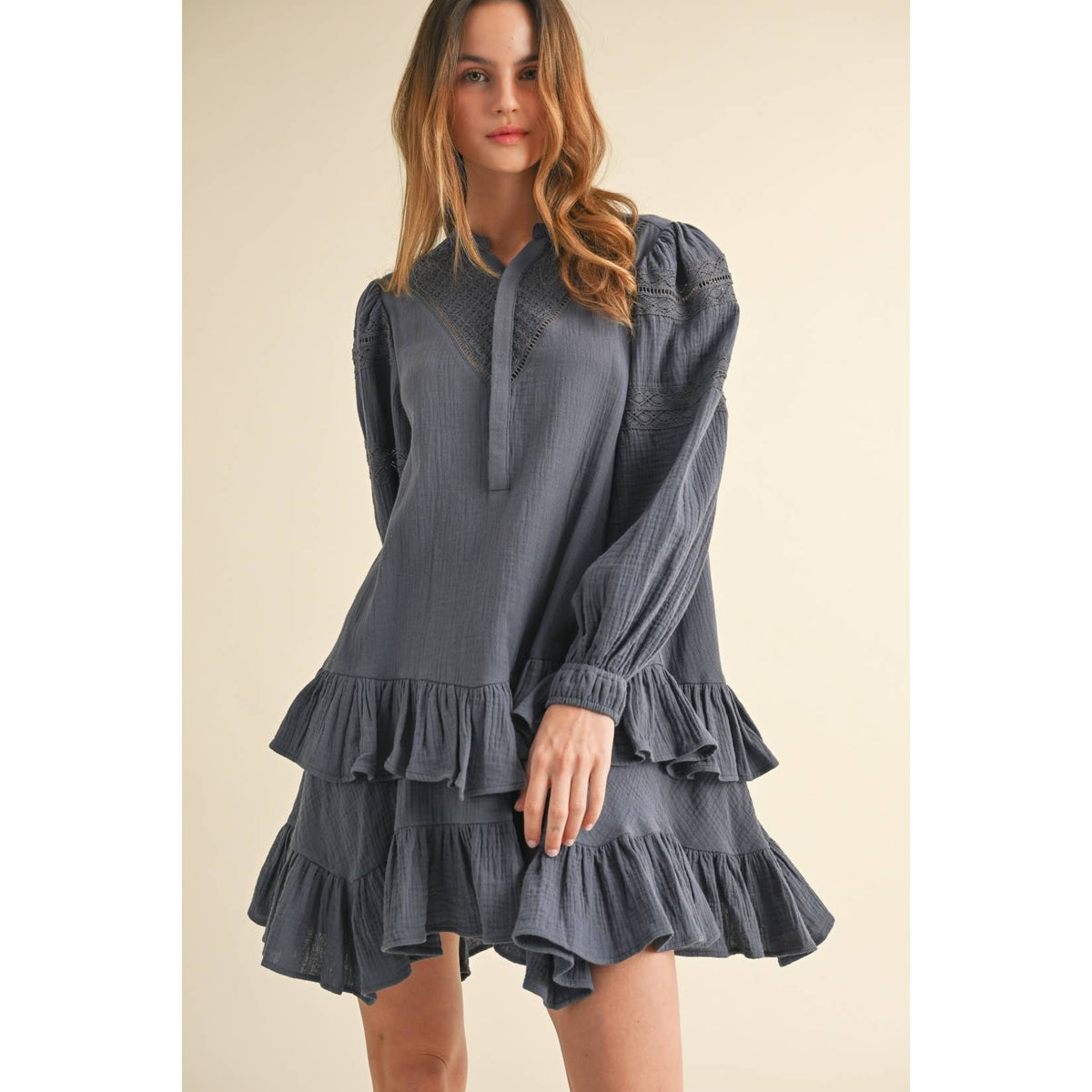 Indigo Blue LONG SLEEVE RUFFLE MINI DRESS