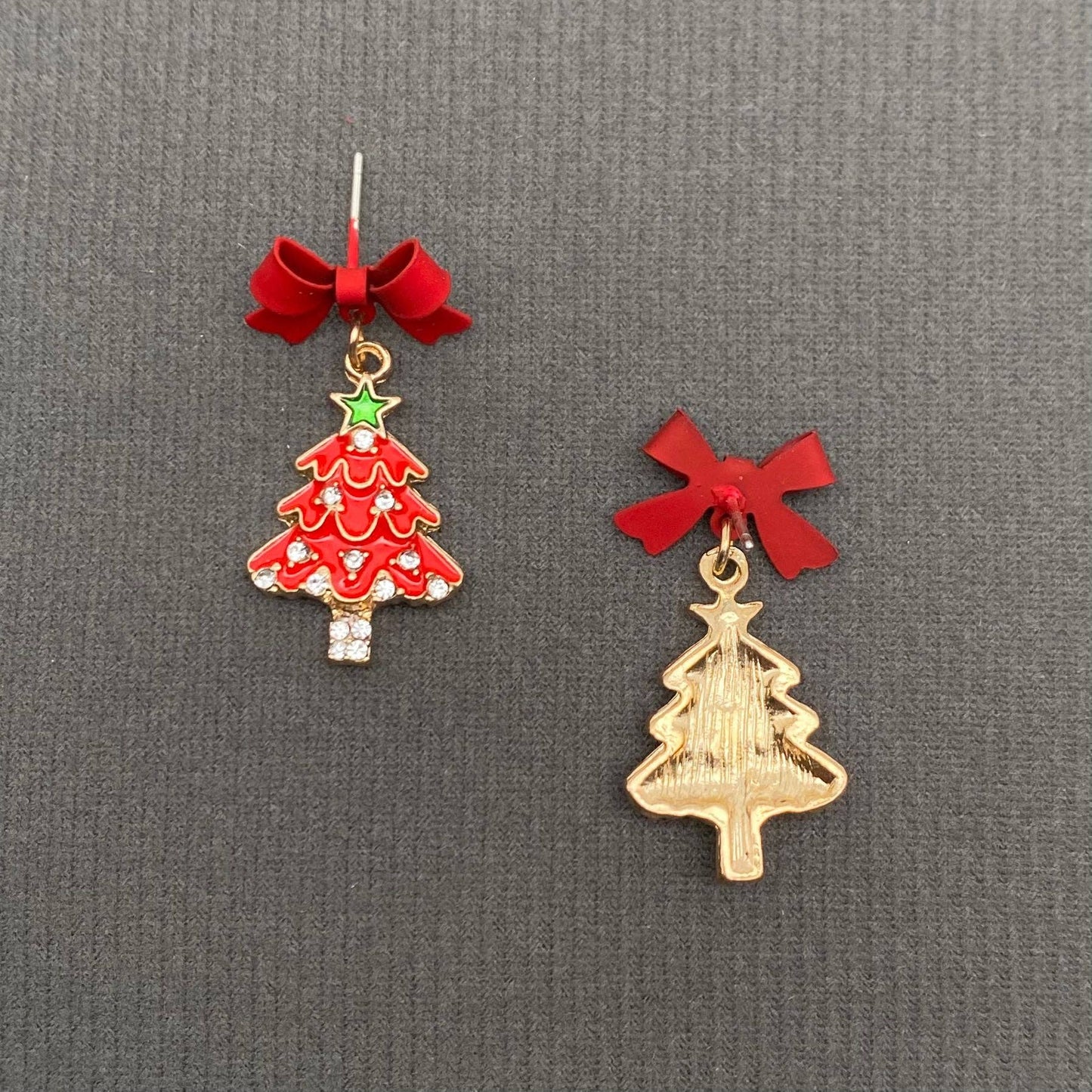 Rhinestone Red Enamel Christmas Tree Bow Post Earrings