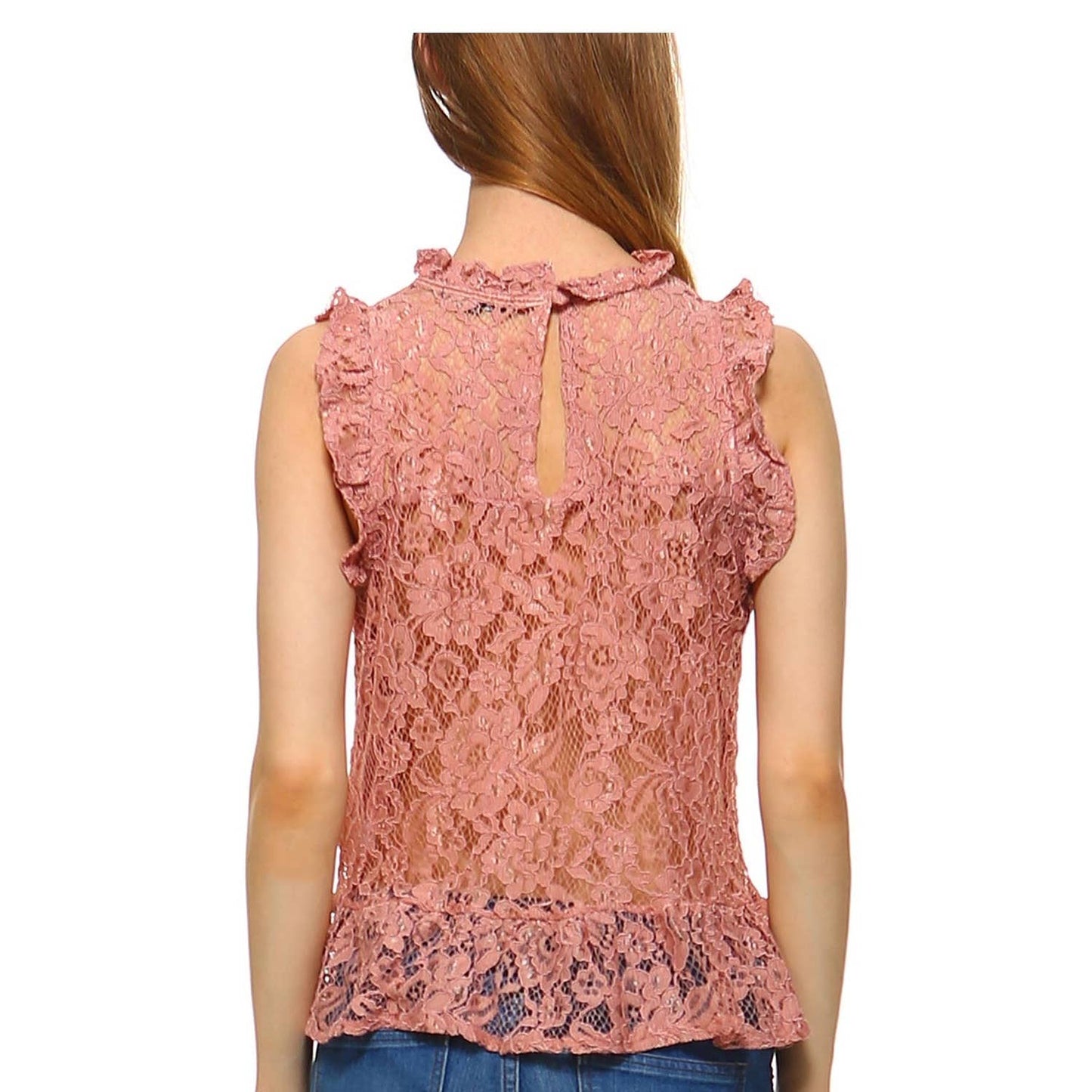 WOMENS PLAIN SLEEVELESS ROUND NECK LACE BLOUSE