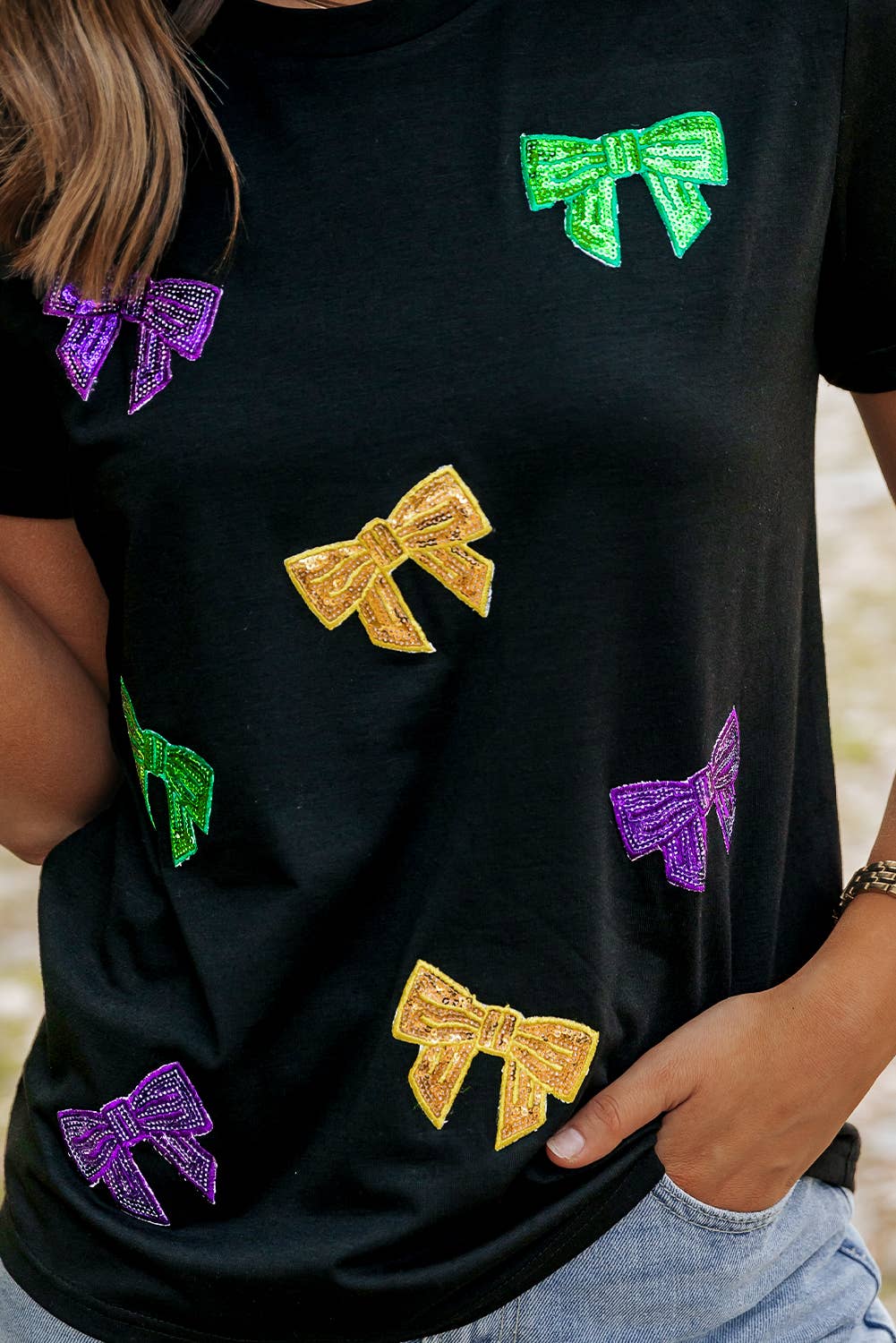 Mardi Gras Sequin Bow Knot Graphic T Shirt