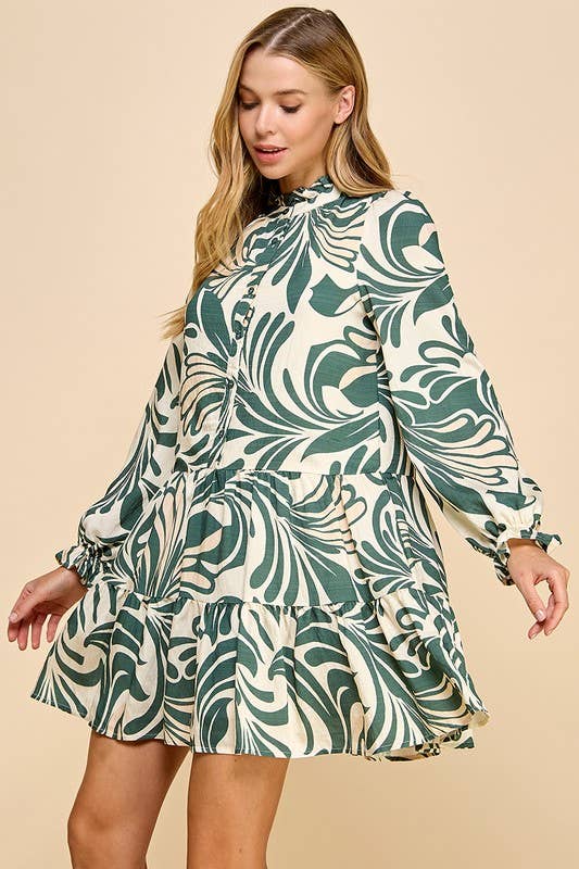 Printed Long Sleeve Dress ~ OLIVE