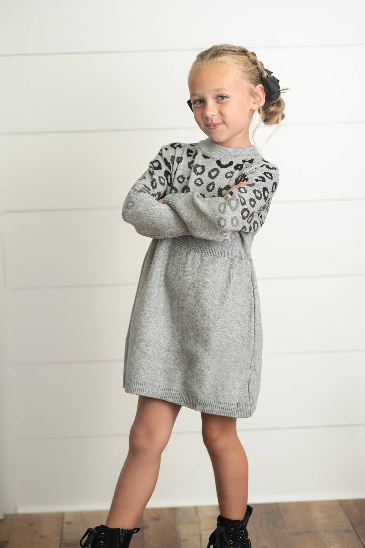 Kids Gray & Black Leopard Print Long Sleeve Sweater Dress