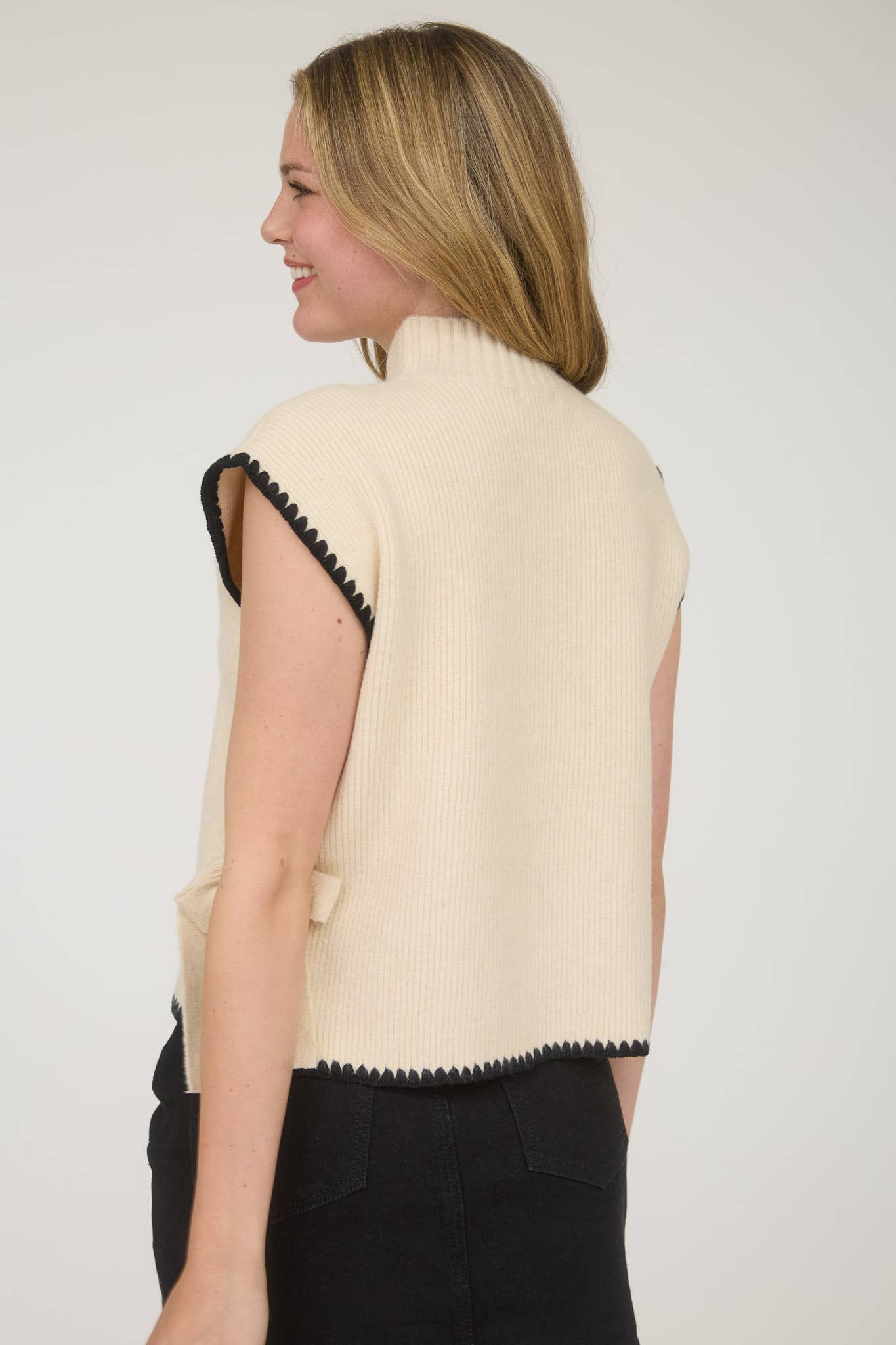 MOCK NECK CONTRAST STITCH SIDE TIE SWEATER TOP