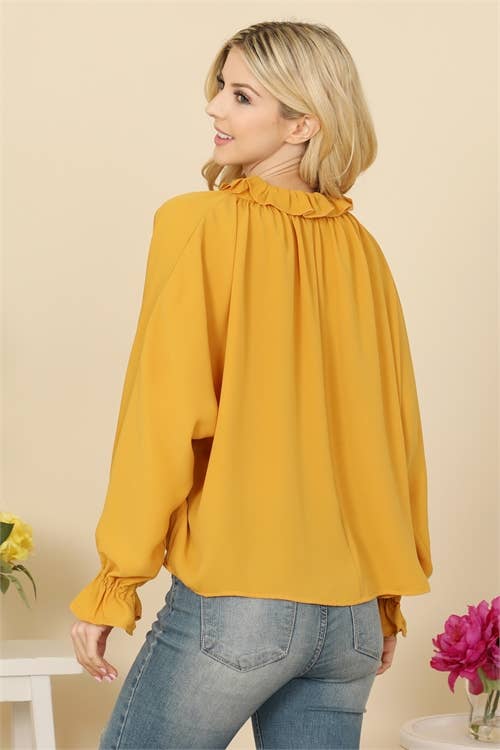 Mustard Long Sleeve Ruffle Tie Neck Top