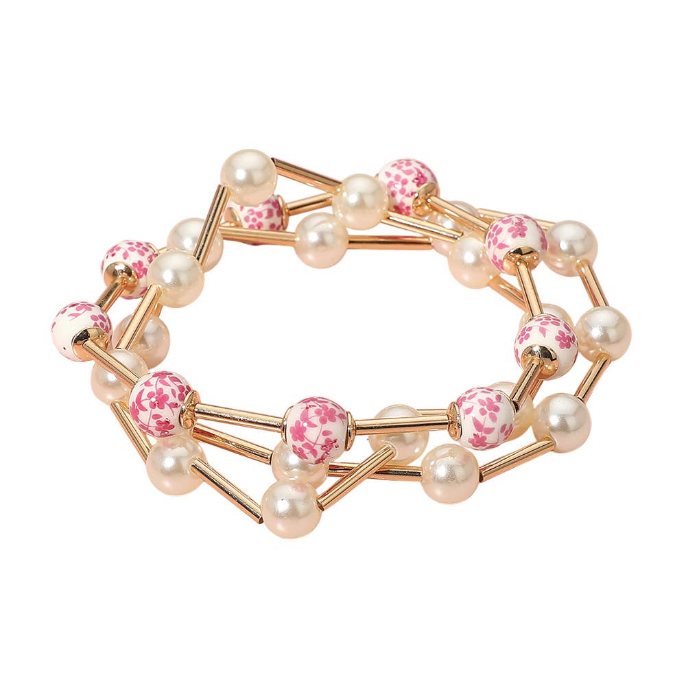 Floral Ceramic Ball Pearl Beaded Stretch Multi Layered Bracelets 3pc