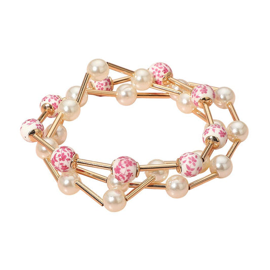 Floral Ceramic Ball Pearl Beaded Stretch Multi Layered Bracelets 3pc