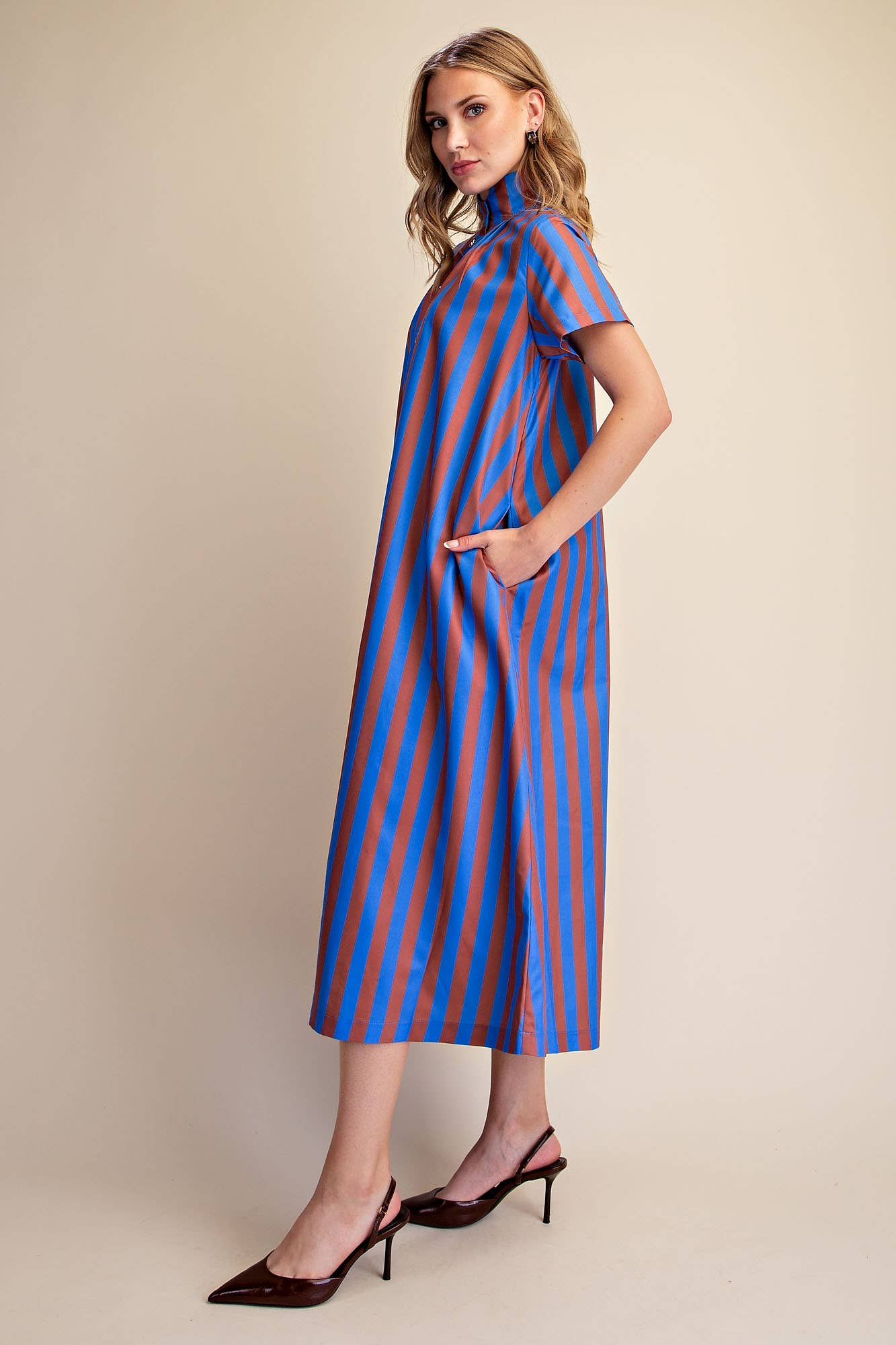 Stand High Neck Stripe Midi Dress