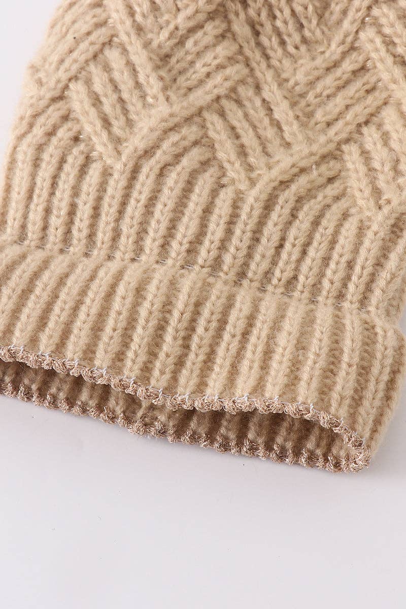 Beige cross cable knit pom pom beanie hat toddler/kids