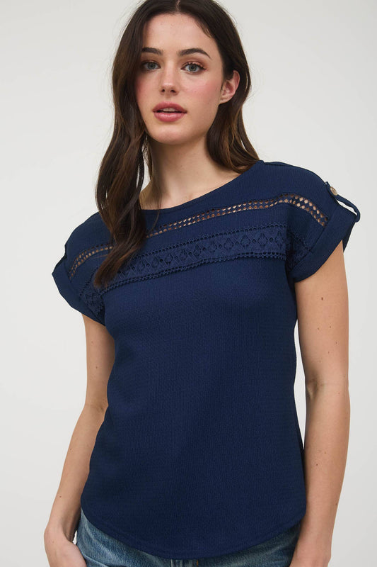 SHORT TAB SLEEVE LACE TRIM CRINKLE KNIT BLOUSE