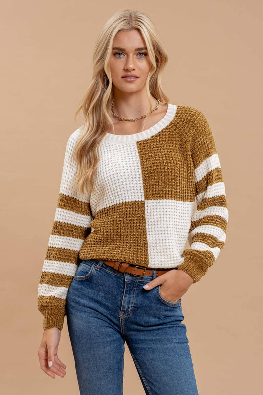 COLORBLOCK CHECKERED AND STRIPE KNIT SWEATER