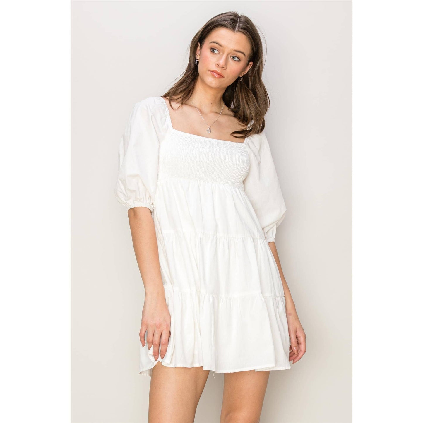 POPLIN SMOCKED MINI DRESS: OFF WHITE