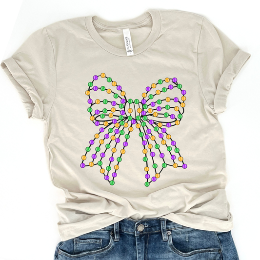 Mardi Gras bead coquette ribbon women's graphic t-shirt