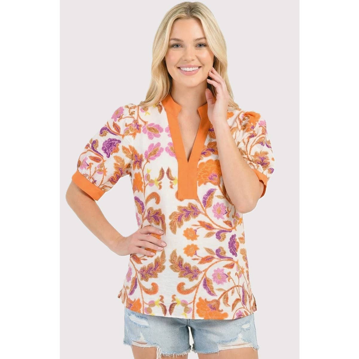 MANDARIN COLLAR FLORAL PRINTED TOP