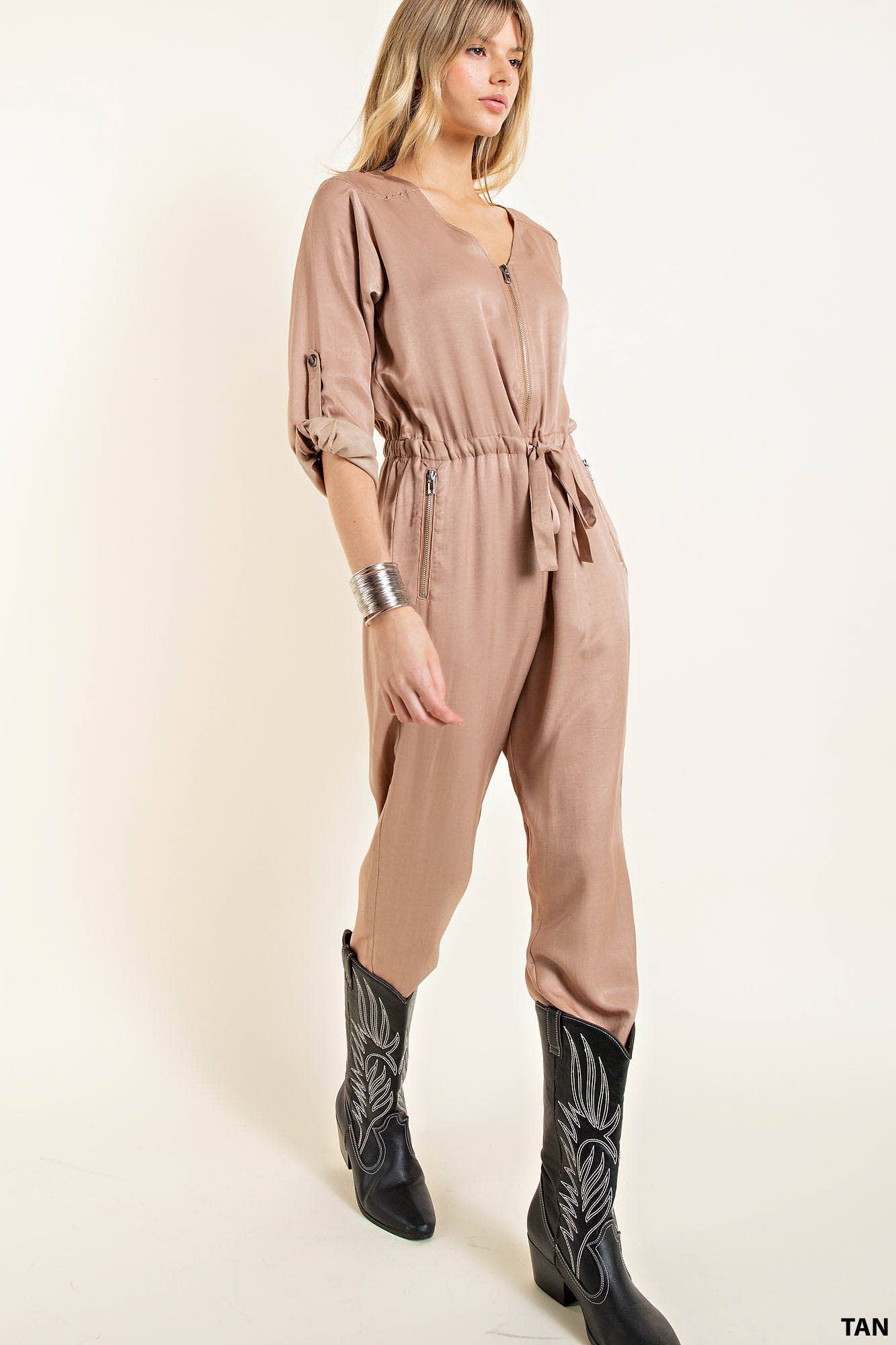 SATIN V NECK FRONT ZIPPER JUMPSUIT