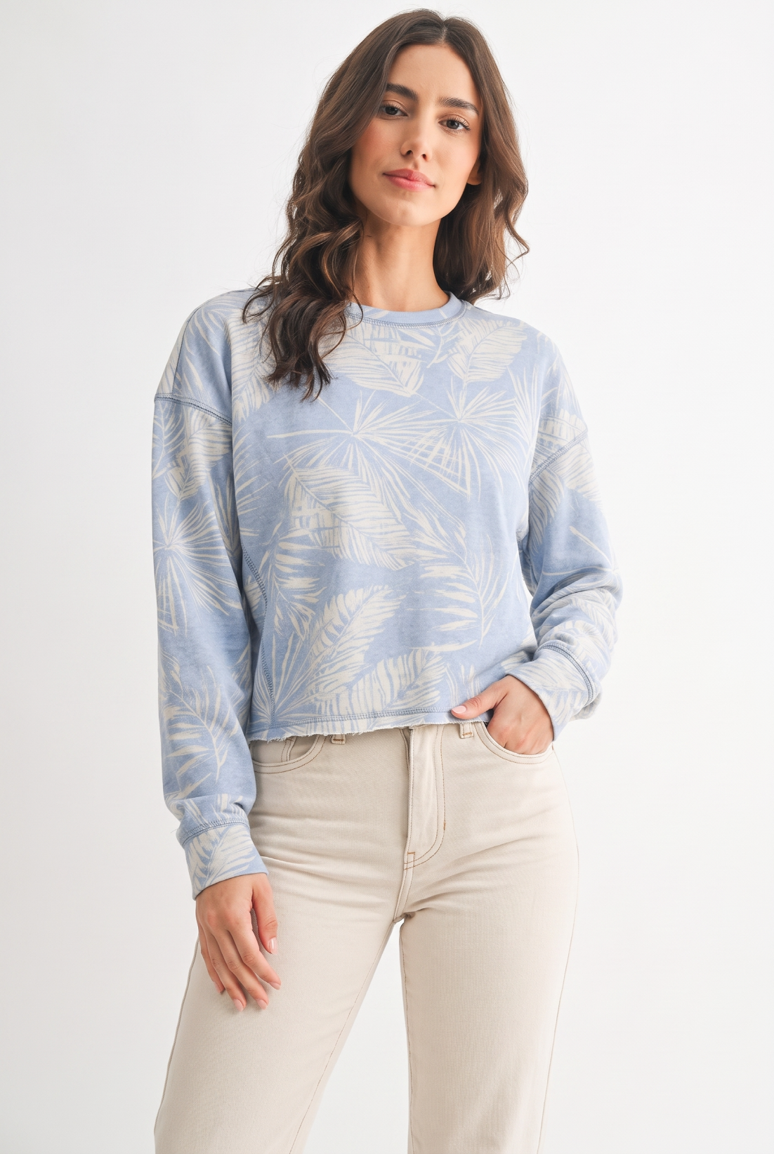 French Terry Leaf Print Crewneck Top