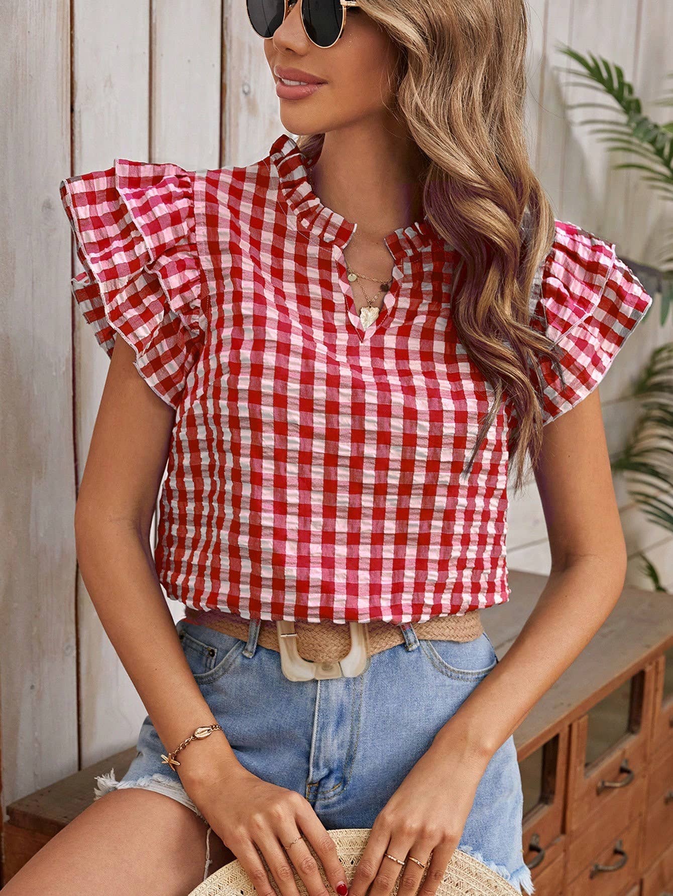 Double-layer ruffled edge patterned top (Multiple colors)