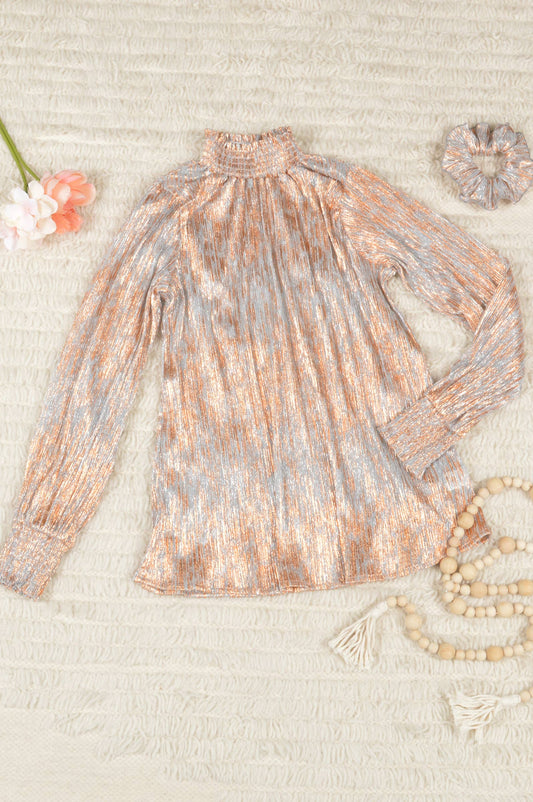 Mock Neck Pleated Top Blouse in Rosegold Metallic