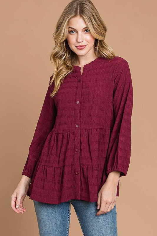 BUTTON DOWN TIERED 3/4 SLV BLOUSE