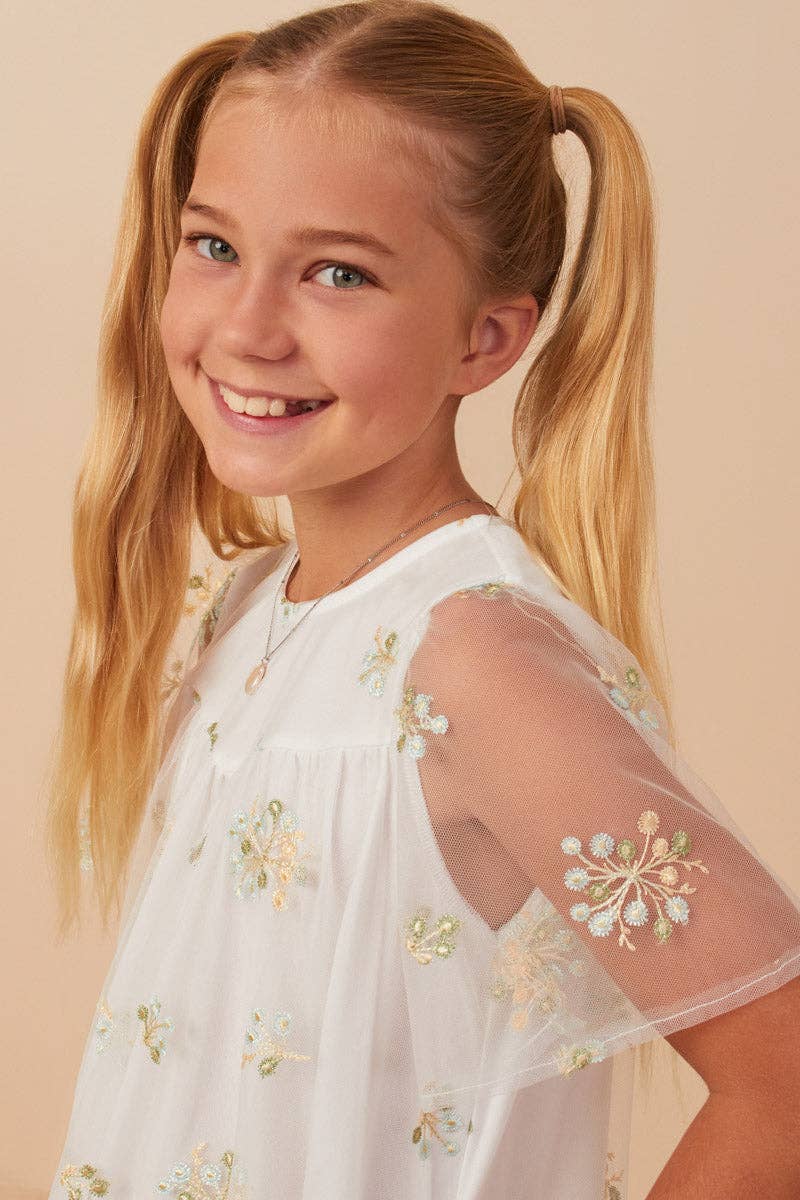 Girls Floral Embroidered Mesh Dress