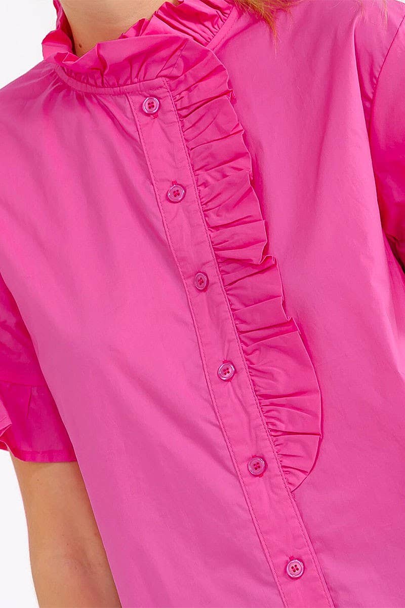 SHORT SLEEVE V-NECK RUFFLE BLOUSE