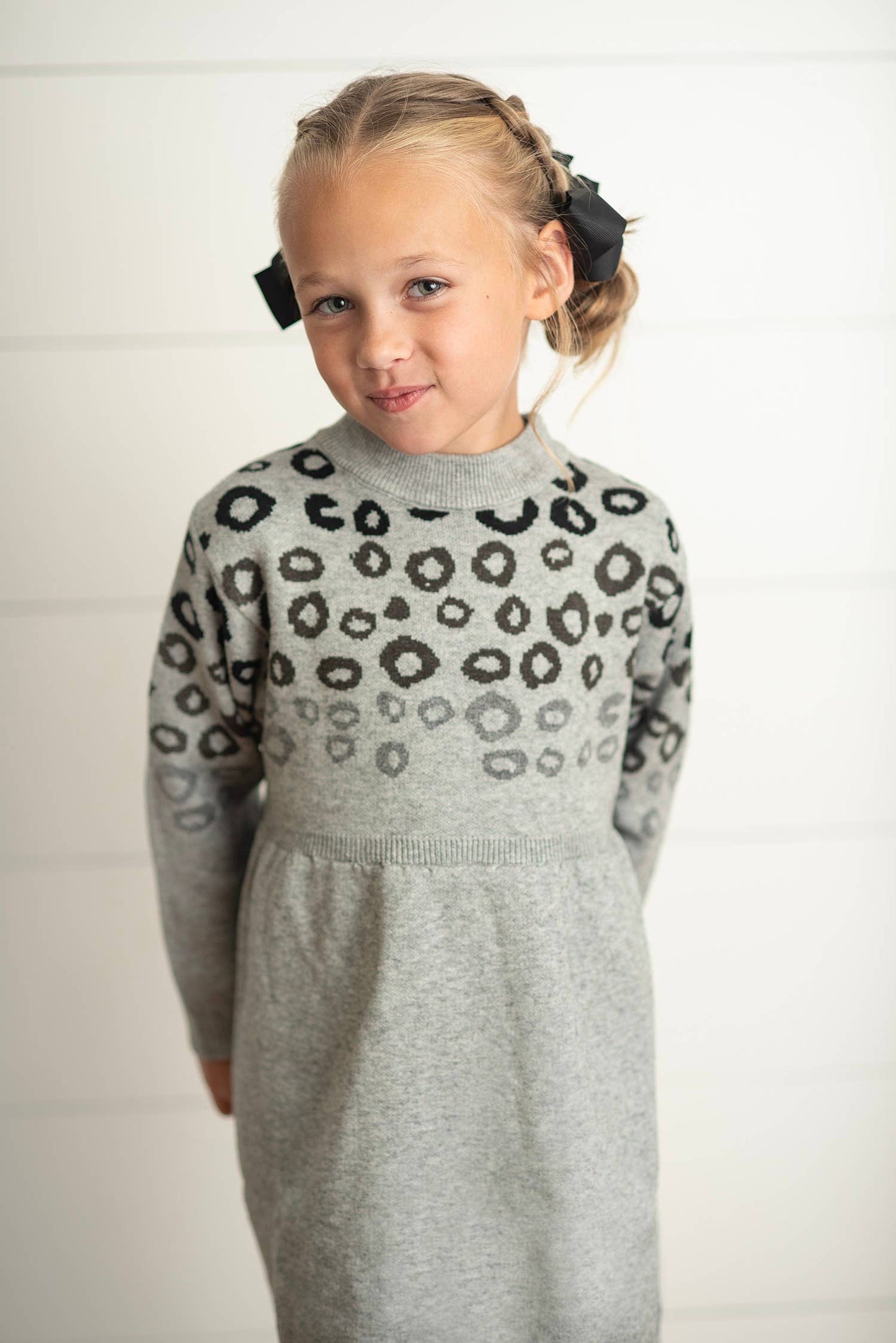 Kids Gray & Black Leopard Print Long Sleeve Sweater Dress