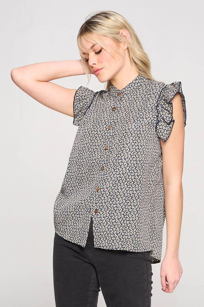 Tiny Floral Print Ruffled Sleeves Blouse