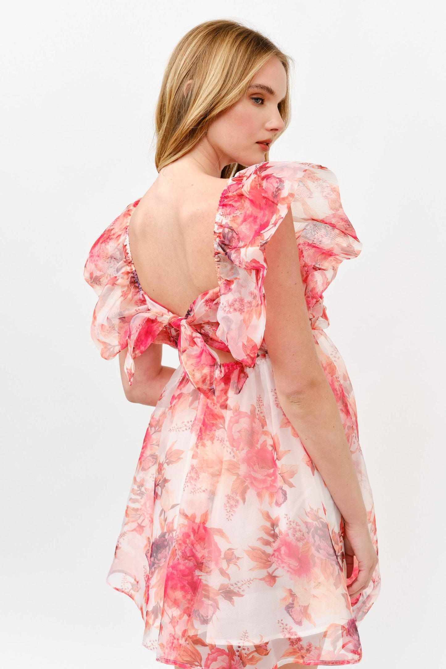 Pink Floral Chiffon Mini Dress with Ruffle Sleeves