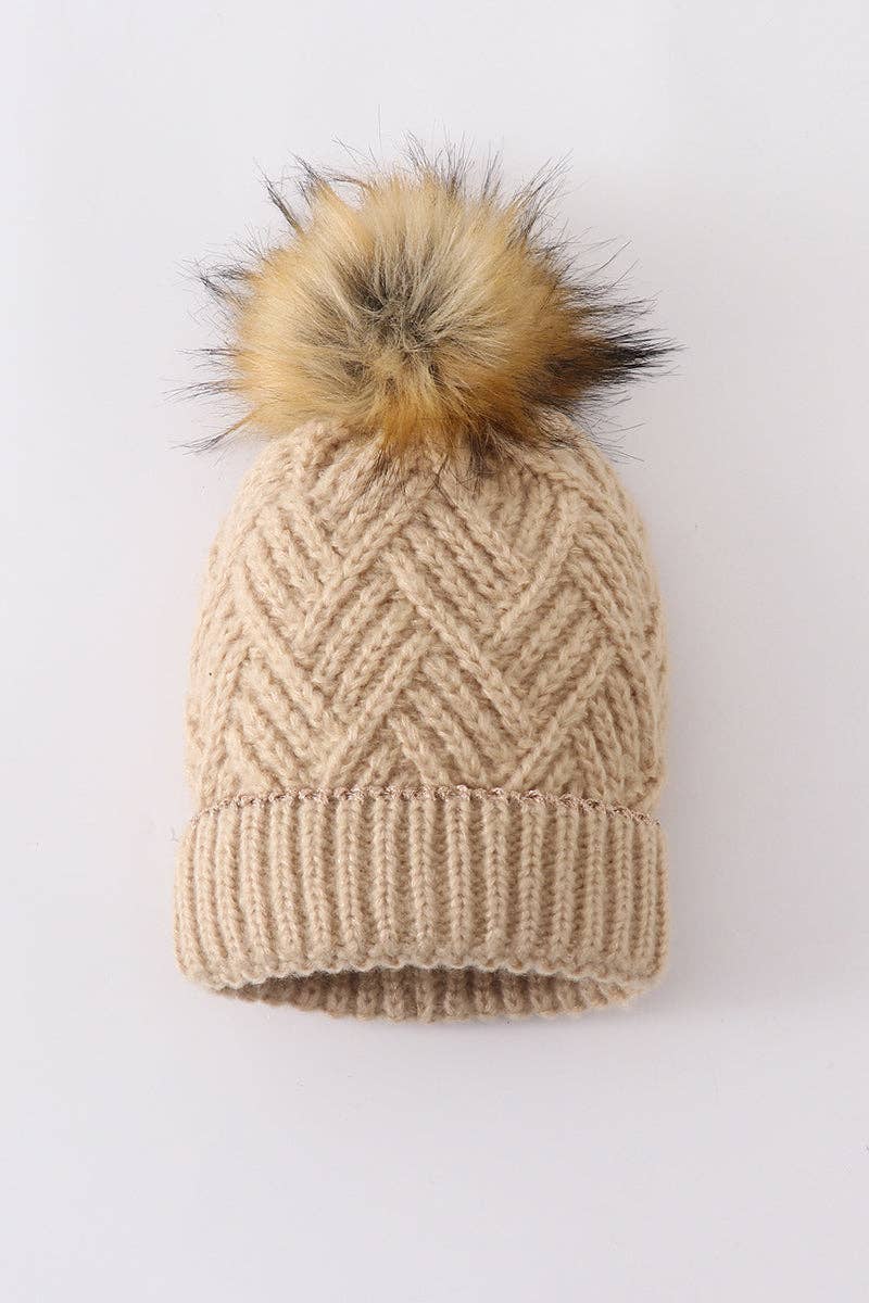 Beige cross cable knit pom pom beanie hat toddler/kids