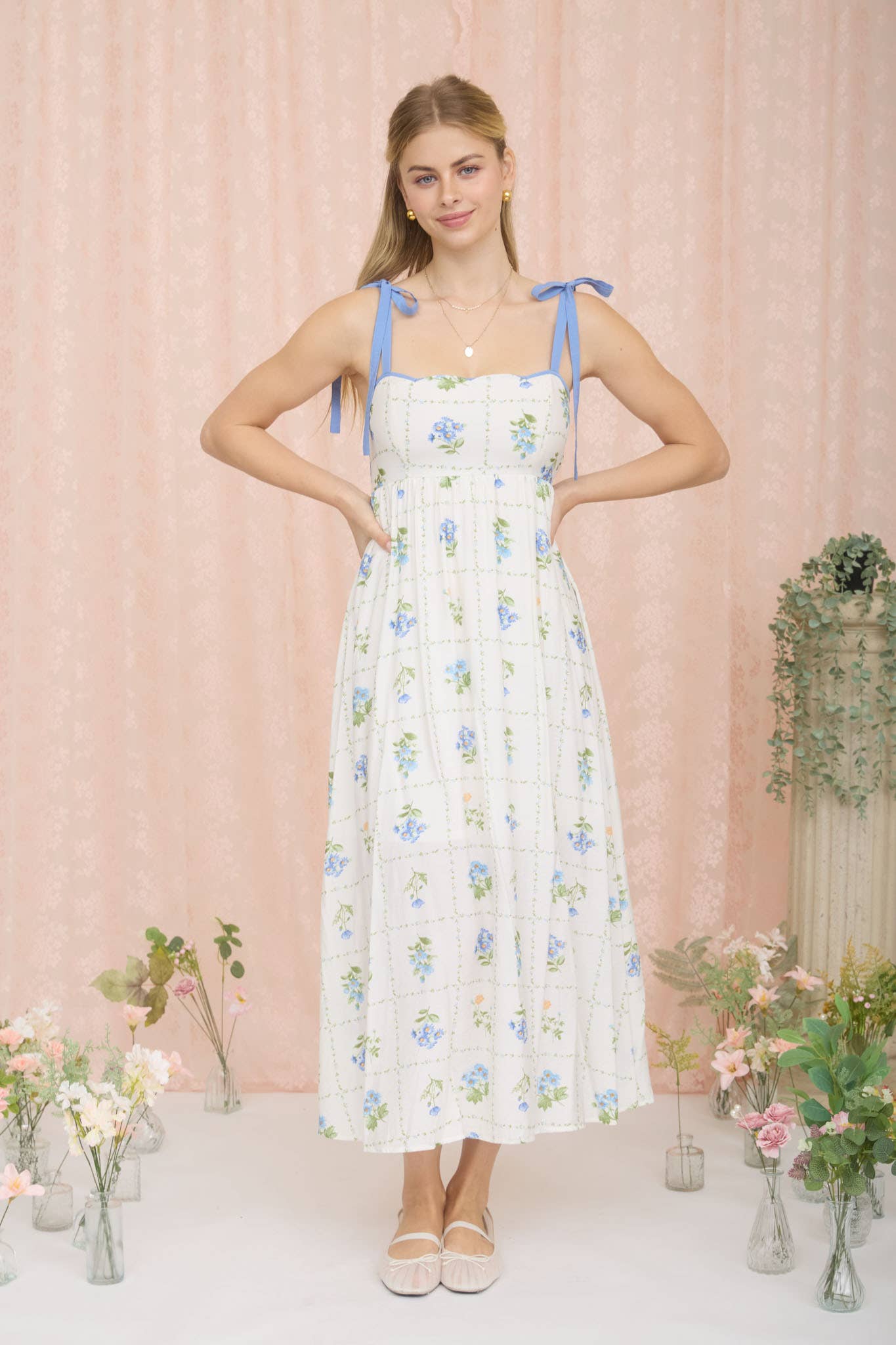 Emma FLORAL TILE PATTERN SCALLOPED TIE STRAP MIDI DRESS