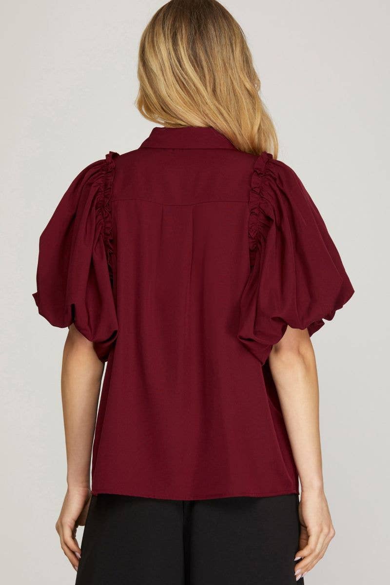 BURGUNDY BUBBLE SLEEVES BUTTON DOWN TOP