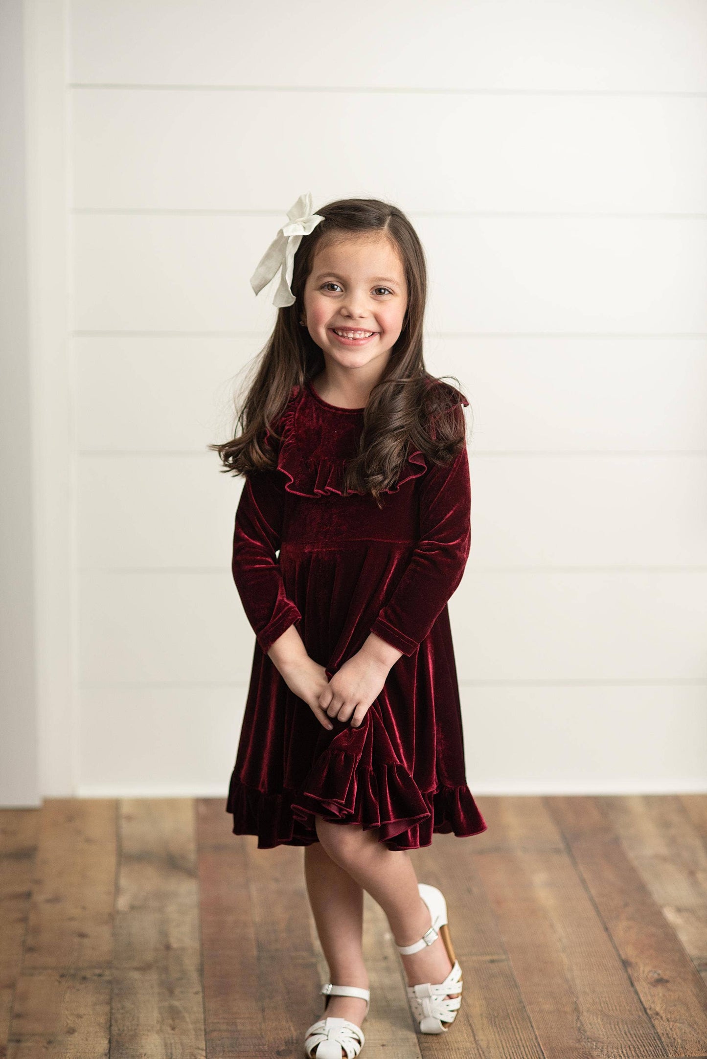 Kids Wine Velvet Ruffle Fancy Dress