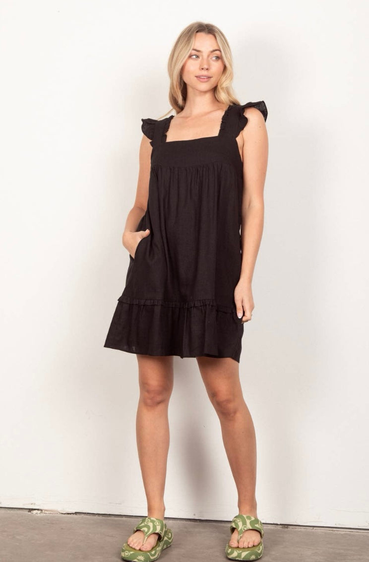 Ruffled Solid Linen Backless Mini Dress