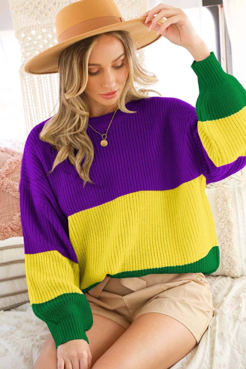 Color block Mardi Gras Round Neck Knitted Sweater