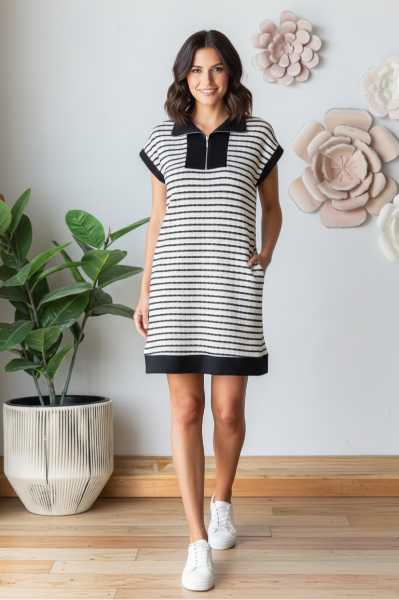STRIPE JACQUARD ZIPPER UP MINI DRESS