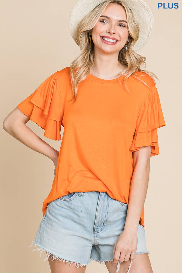 Plus Round Neck Semi Loose Ruffle Sleeve Top