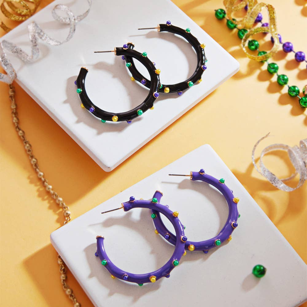 Mardi Gras Pearl Embellished Hoop Earrings