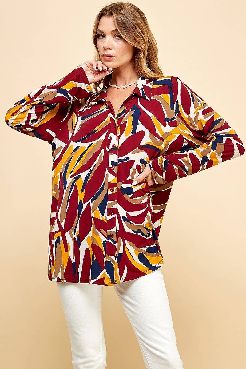 COLOR BUTTON UP COLLAR LOOSE SHIRT TOP