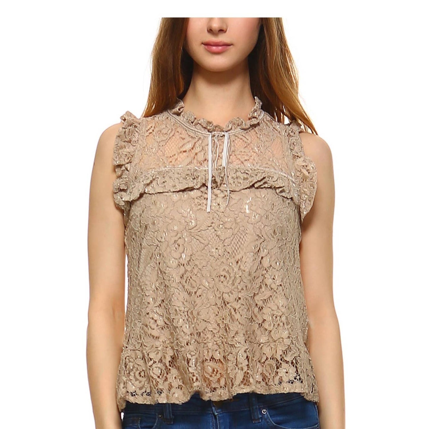 WOMENS PLAIN SLEEVELESS ROUND NECK LACE BLOUSE