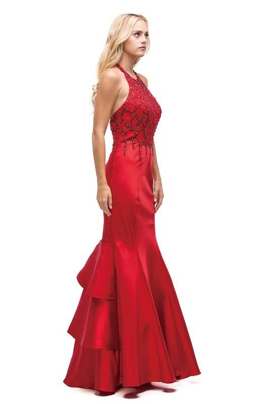 Red Ruffled Mermaid Skirt Prom Dress ~ Medium