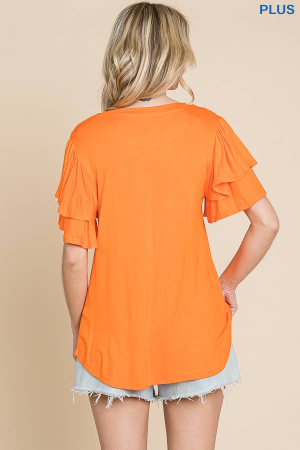 Plus Round Neck Semi Loose Ruffle Sleeve Top