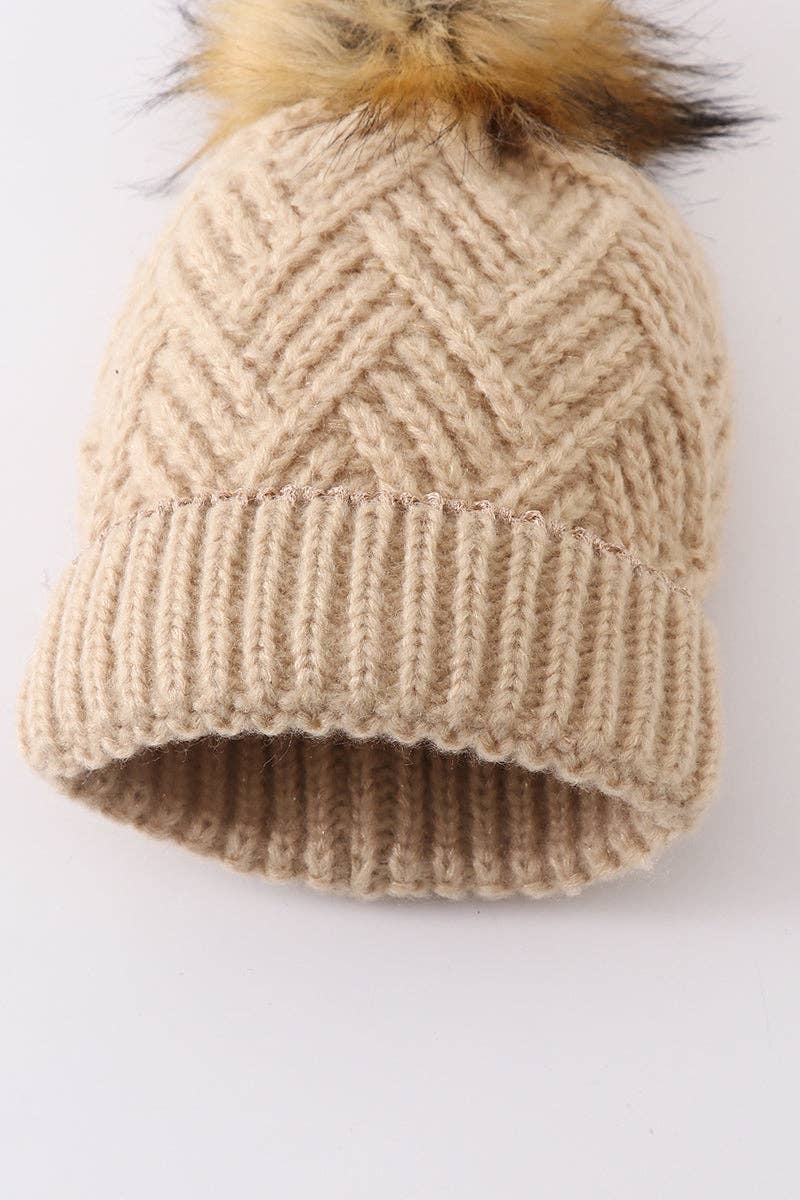 Beige cross cable knit pom pom beanie hat toddler/kids