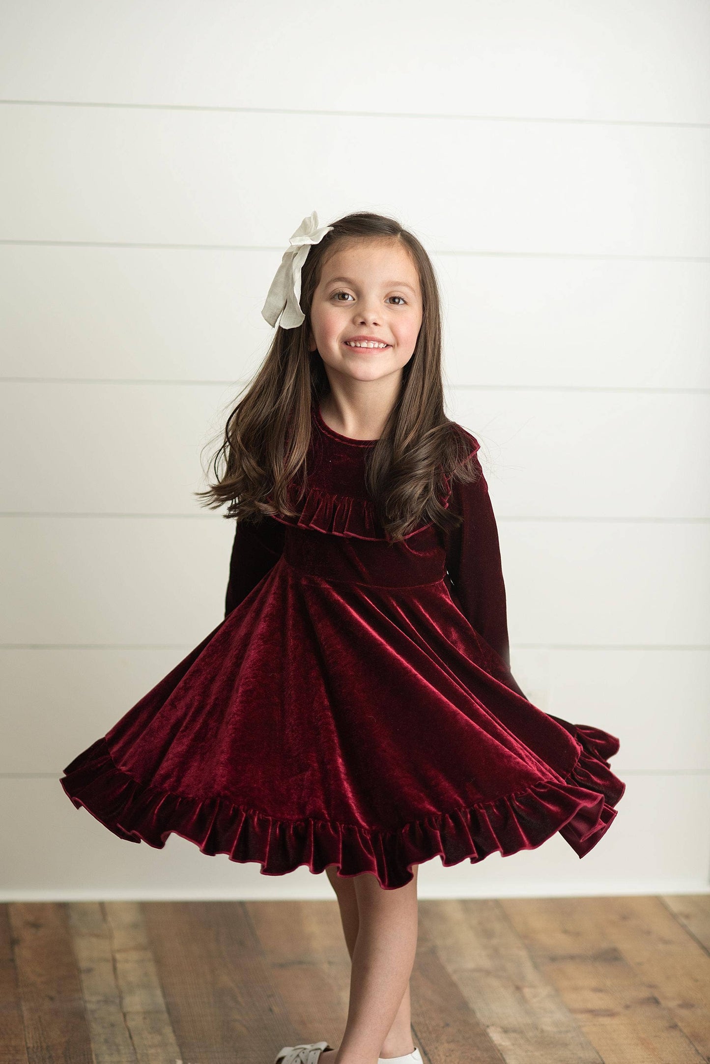 Kids Wine Velvet Ruffle Fancy Dress