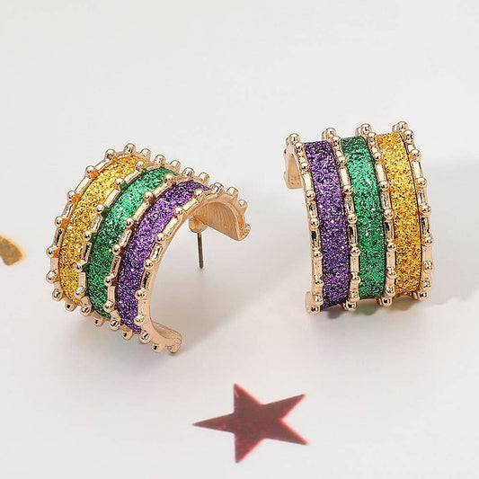 Mardi Gras Glitter Stripe Hoop Earrings