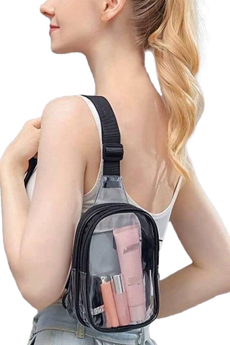 Clear Durable PVC Double Zip Shoulder Sling Bag: Black